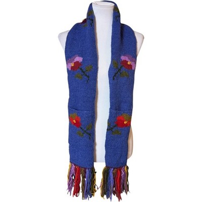 Down to Earth Pocket Scarf Women OS Blue Floral Wool Handknit Nepal Boho Fringe