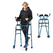 Folding Walker Adjustable Walking Frame Aluminum Walking Aid w/ Wheels Blue