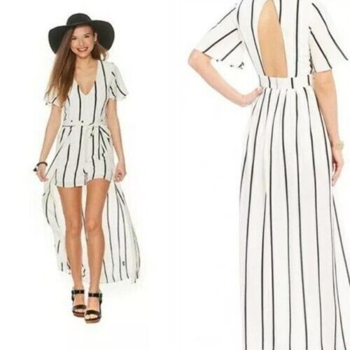 Crystal Doll Striped V-neck Romper Maxi summer Jumpsuit Dress Ivory White SZ 13 - Picture 1 of 7