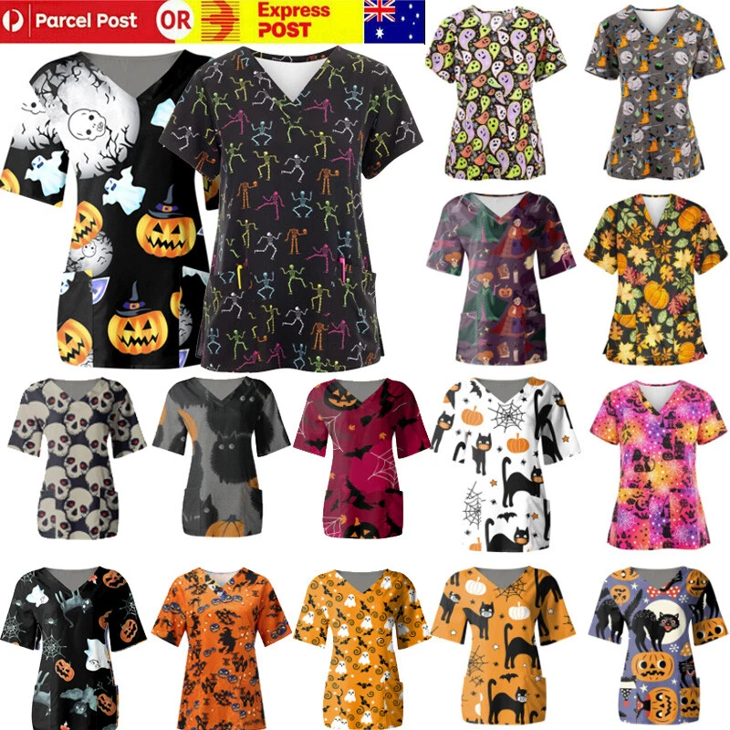 Halloween print scrub best sale tops