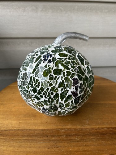Green Glass Mosaic Pumpkin Fall Decor Figurine Decor Painted Silver Stem 7"
