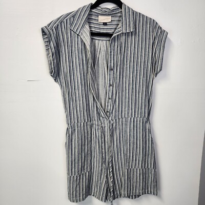 Universal Thread Romper Womens Small Striped Button Pocket Sleeveless Blue White