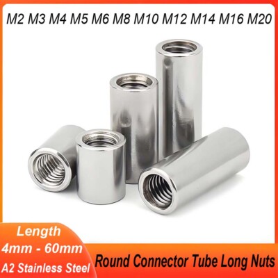 M2-M20 Threaded Sleeve Bar Stud Stainless Steel Round Connector Tube Long Nuts