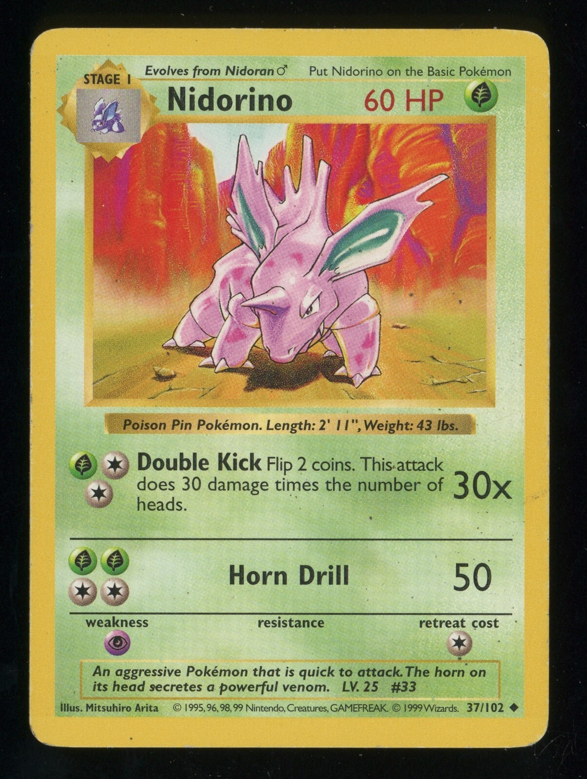 NIDORINO (Shadowless) 1999 Pokemon Base Set 37/102 - MP/VG