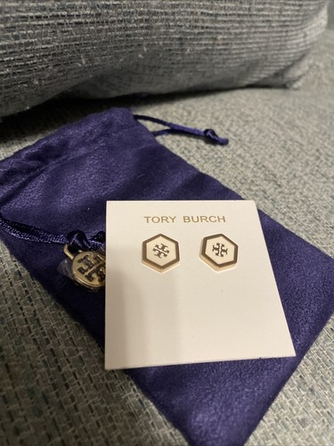 NWT Tory Burch Collection Hex Logo Enamel White Earrings - Picture 2 of 4