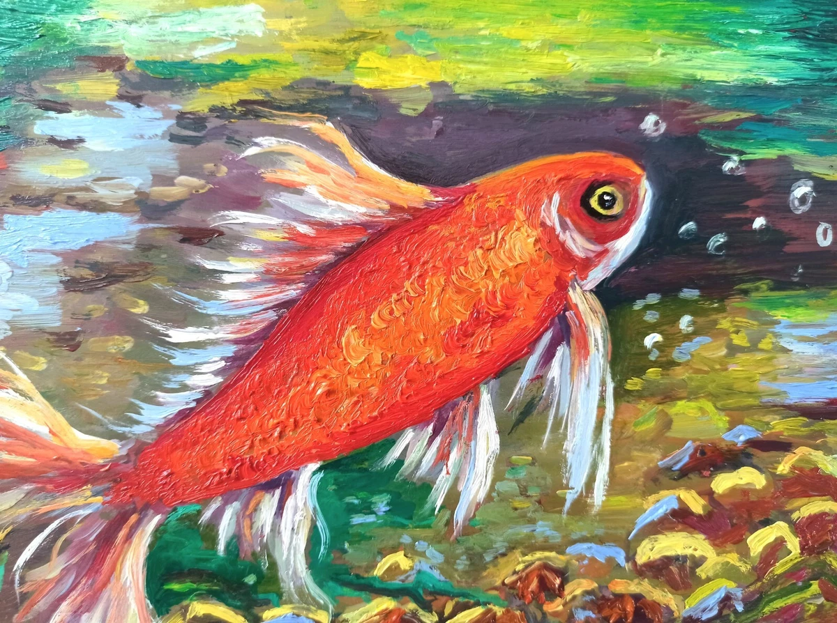 Original Painting Goldfish Oil Painting Underwater Original Artwork 5x7in