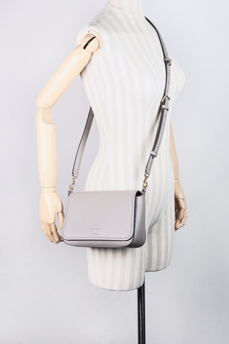 Tory Burch Thea Gray Pebbled Leather Flap Crossbody Shoulder