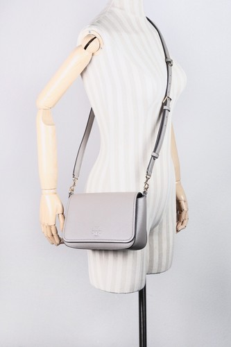 Tory Burch Thea Gray Pebbled Leather Flap Crossbody Shoulder Bag Purse 144688 - Picture 3 of 12