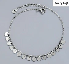 Women Girl 925 Sterling Silver Dangle Round Bar Chain Anklet Bracelet 8-9.8"