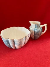 c 1889 Wileman & Co daisy shaped jug & bowl, blue Jungle Print pattern #6088