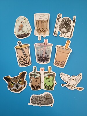 STICKERS x 10 Owl & Boba Milk Tea Cartoon Cute Sticker JUL238