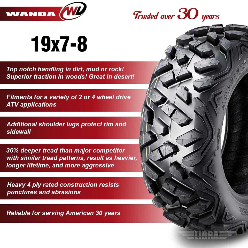 4 WANDA ATV tires 19x7-8 19x7x8 fit for 2003-2006 Kawasaki KSF80A/KFX80 - Image 2 of 4