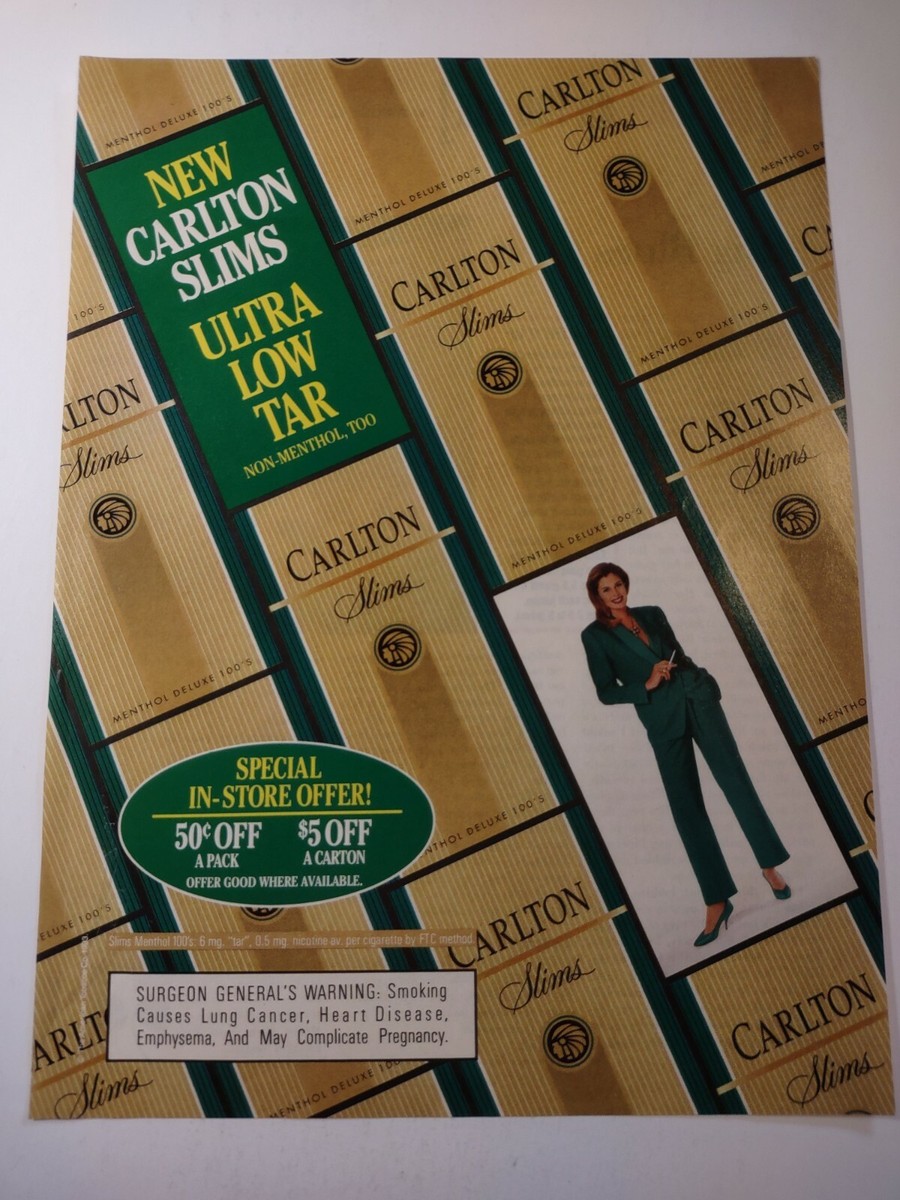 how much was a carton of cigarettes in 1990 Carlton Slims Ultra Low Tar Smoking Cigarettes Vintage 1990s Print Ad