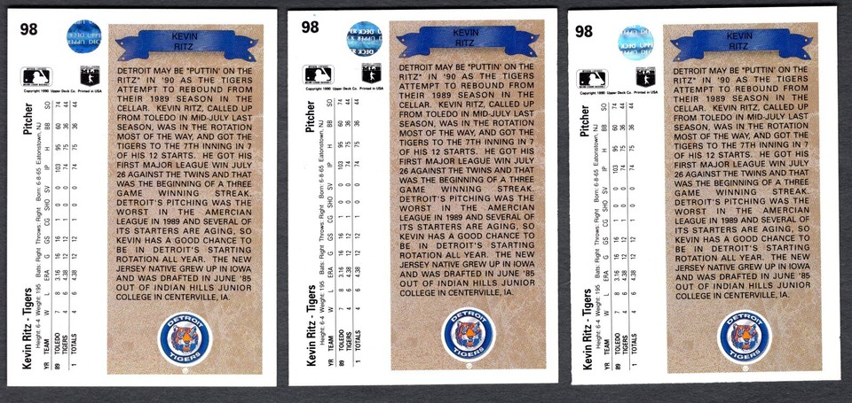 (3) 1990 UPPER DECK KEVIN RITZ ROOKIE CARD #98 LOT **NM-MT** DETROIT ...
