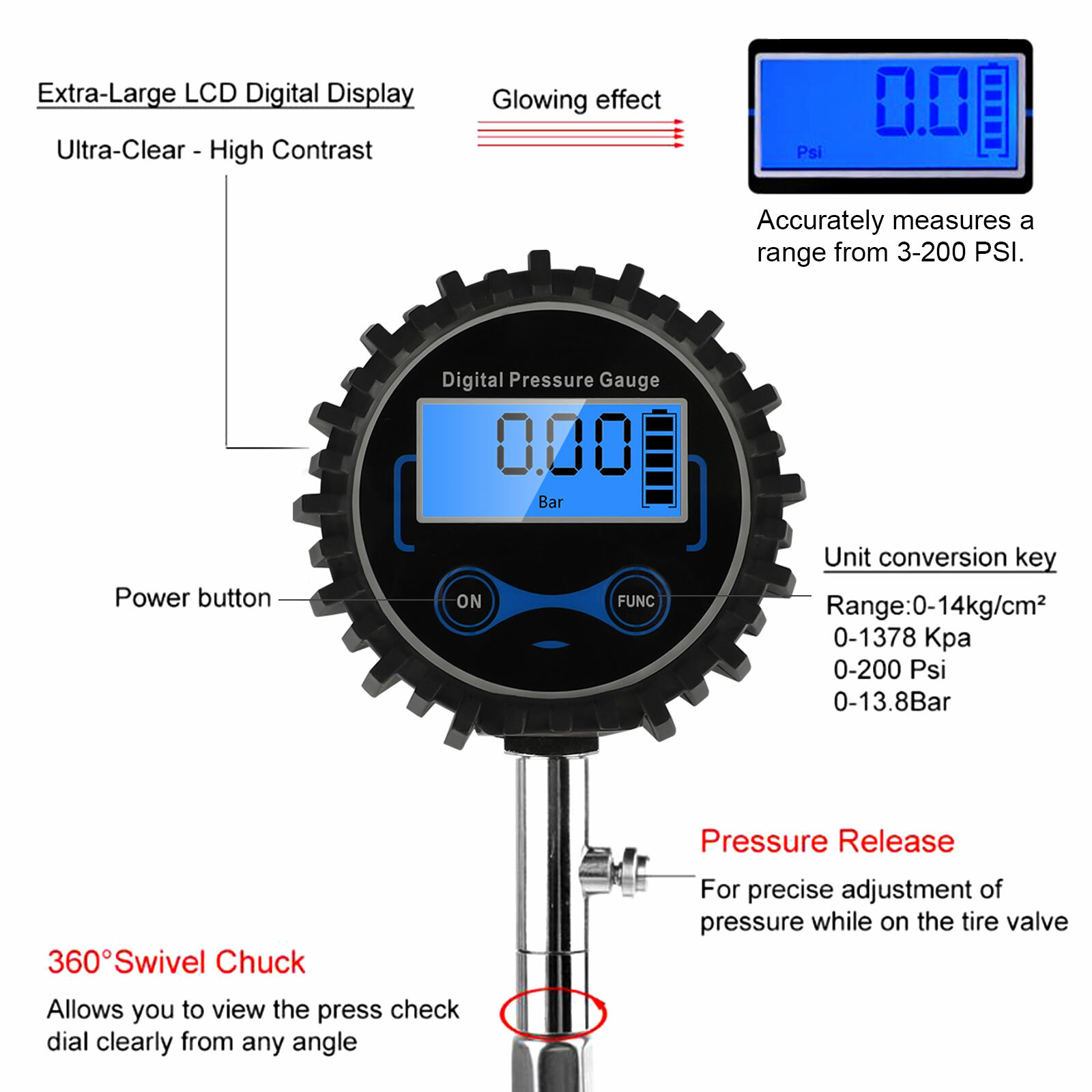Digital Accurate Air Pressure Tire Gauge 200PSI Meter Tester for Truck