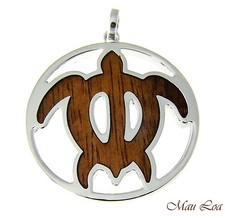 Koa Wood Hawaiian Scroll Circle Honu Turtle Rhodium Silver Plated Brass Pendant