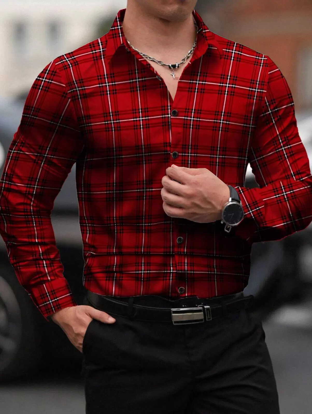 Camisa de Hombre de Vestir Moda Elegantes Casuales Formales Rayas Cuadros Roja