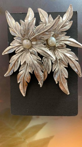 Nordstrom Big Flower Real Pearl Silver Plated Earrings 3" $355 TRY ON #151