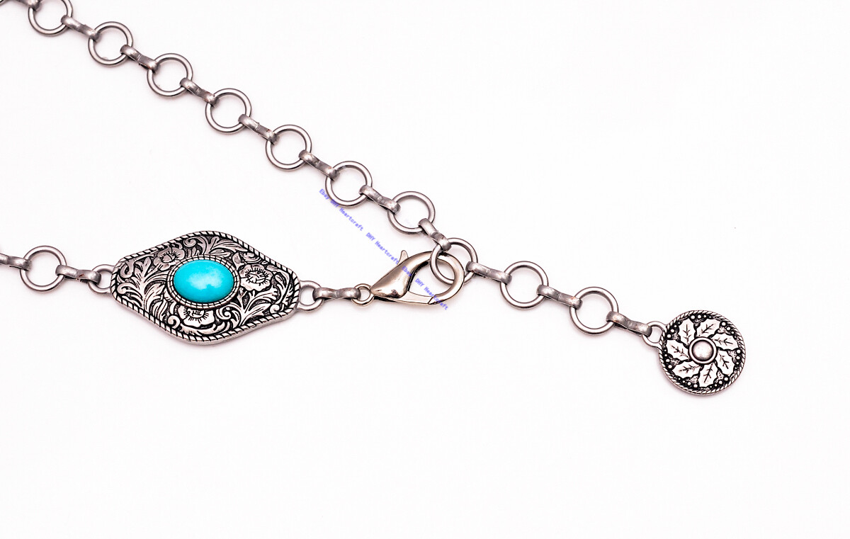 Belt ~ Turquoise Flower & Silver ~ Concho Chain Belt ~ Women’s ~Medium to Large Turquoise Square Concho Chain Belt – Wild Junkie main image 2