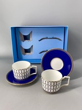 Image of Wedgwood Renaissance Blue & Gold Pair Of Tea Cups & Saucers Boxed Set 1st Qualit