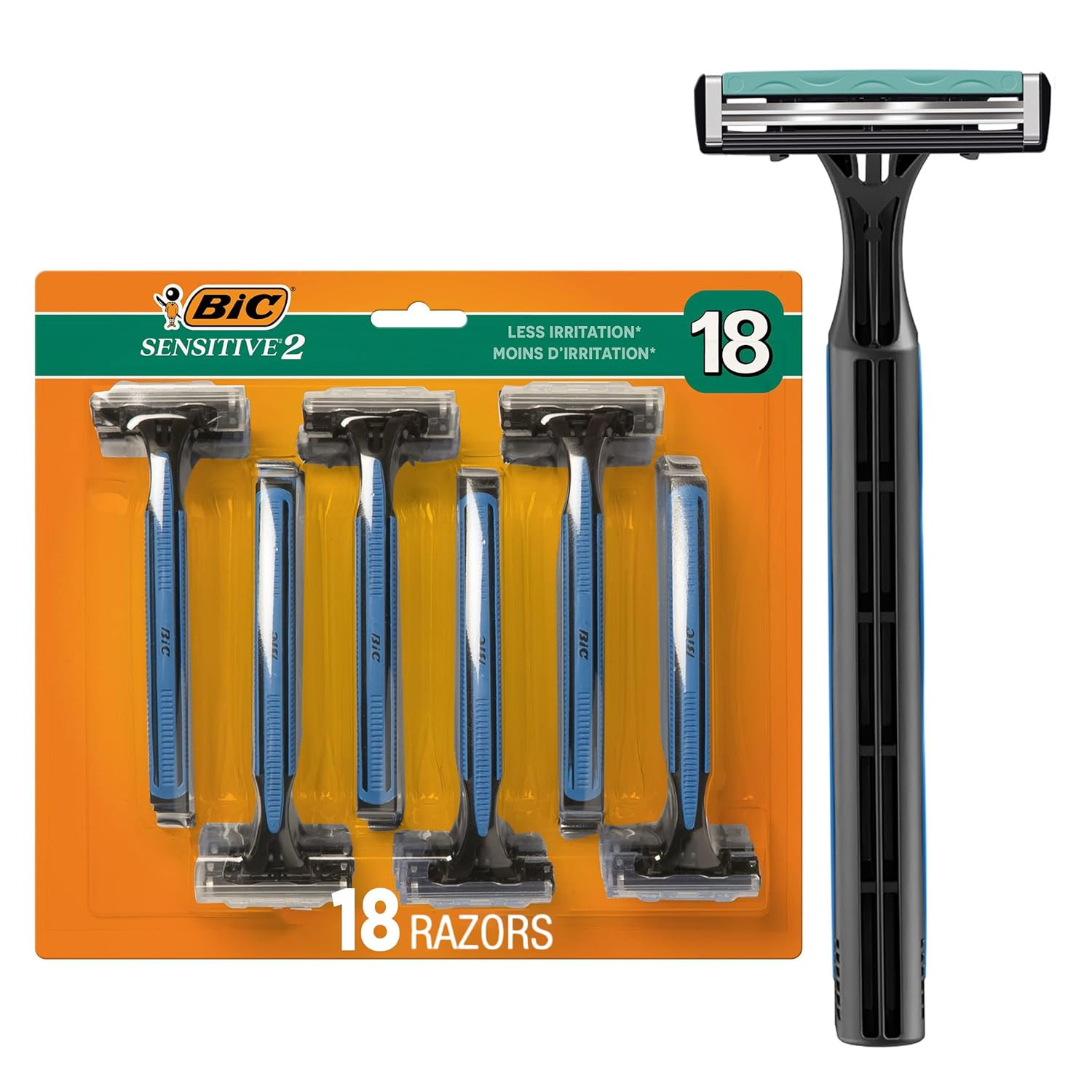 Sensitive 2 Disposable Razors for Men with 2 Blades for Sensitive Skin, 18 Coun