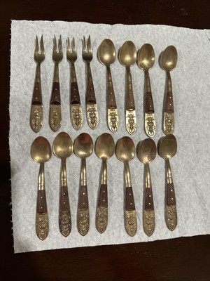 15 Vintage Siam Flatware Asian Thai Bronze Brass Wood HANDLE- Small 4.5 