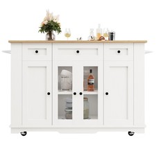 White Kitchen Island Cabinet Trolley w/ Wood Grain Worktop, Cupboards & Drawers