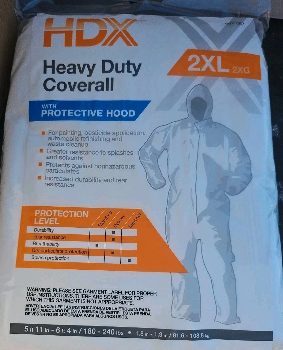 Case Of 12 HDX Heavy Duty PPE Coverall With Protective Hood Size 2XL XXL White - product detail image 1