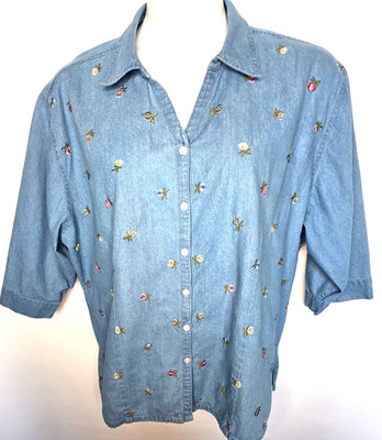 3X Denim Embroidered Shirt Blue Rosebud Button Up 3/4 Sleeve Victoria Jones