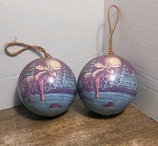 Set 2 Paper Mache Decoupage Christmas Ornament - Large 4.5" - River Moose