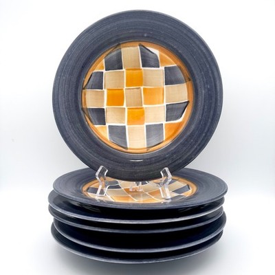 6 Mallory California MALLORCA BLUE ORANGE YELLOW 9'' Coupe Salad Plates Checkered