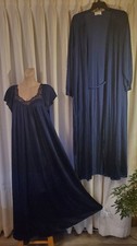 Vtg Shadowline Blue SILKY NYLON Peignoir Set: Nightgown w/Robe, USA, Sz. L; EXC 
