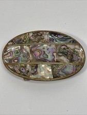 Mexican Alpaca Silver Iridescent Abalone Shell Vintage Belt Buckle 3.5 X 2.5  