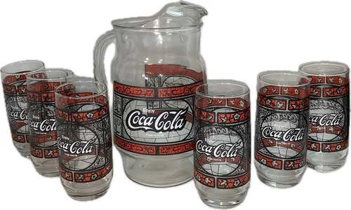 Vintage Coca Cola Stained Glass Red & Black Tiffany Style Pitcher & 6 Glass Set