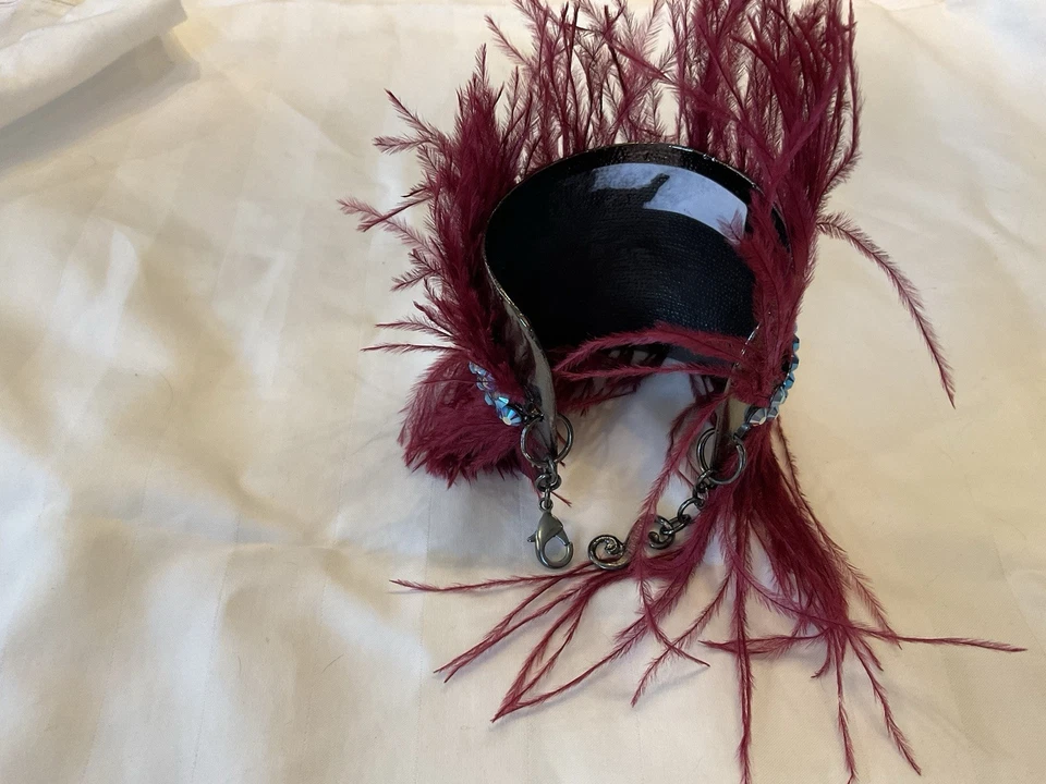 Brazalete Brazalete Pluma Verde Azulado Borgoña Estrás Azul Boho Declaración Rojo Rosa Foto 4 de 4