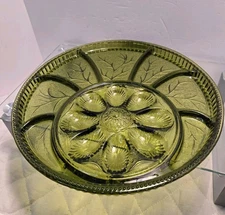 Vintage Deviled Egg/ Relish Tray Indiana Green Glass Divided Serving Platter 12 