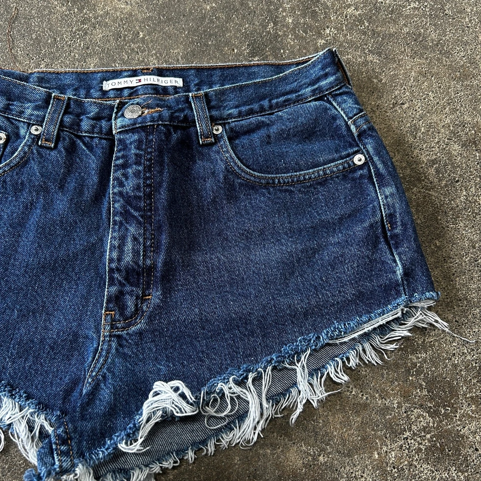 Vintage Y2K Tommy Hilfiger Cut Off Denim Jean Shorts Size 12 Blue 2" Waist 30 - Image 3 of 4