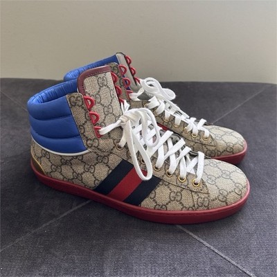 Gucci GG Supreme High Top Logo Print Athletic Sneakers Beige Blue Red White