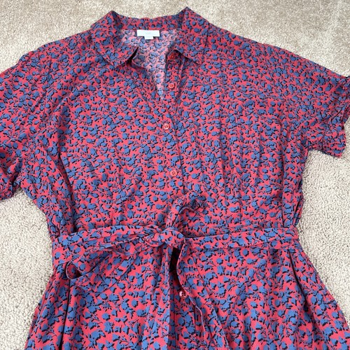J.Jill Dress Womens XL Red Blue Floral Button Front Retro Short Sleeve Tie Waist - Picture 5 of 10