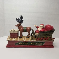 Vintage Happy Holiday Cast Iron Mechanical Bank Santa Reindeer Christmas Sleigh