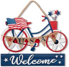 4th of July Decorations Front Door Wooden Patriotic Wreath Americana Bike Sign