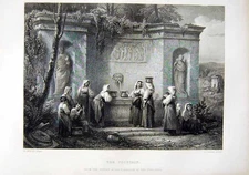 Original Old Antique Print Water Fountain Ladies 1866 Art Journal Muller Cousen