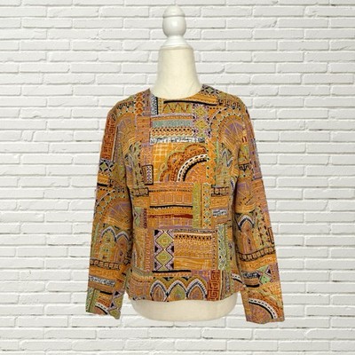 Vintage 60s 70s Psychedelic Top - Geometric Multicolor Long Sleeve Hippie S