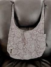 Thirty One Reversible Hobo Bag Crossbody Gray White Floral Polka Dots