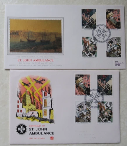 2 x 1987 STUART & PPS FDCS - ST JOHN AMBULANCE- ST JOHNS GATE SJA EXHIBITION EC1