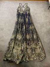Luxxel Formal Maxi Navy Gold Glitter Formal Gown Sheer Overlay Deep V Neck Small