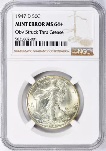 1947 D Walking Liberty Half Dollar NGC MS 64+ Struck Thru Strike Through Grease
