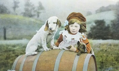 Chums! Junges rothaariges Mädchen mit Paar Welpenhunden Vintage Postkarte um 1910