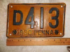 1930 Pennsylvania License Plate PA Penna, # D413 Low Digit Ships FREE