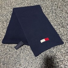 Tommy Hilfiger Navy Blue Ribbed-Knit Logo Flag Winter Scarf One Size NWT New